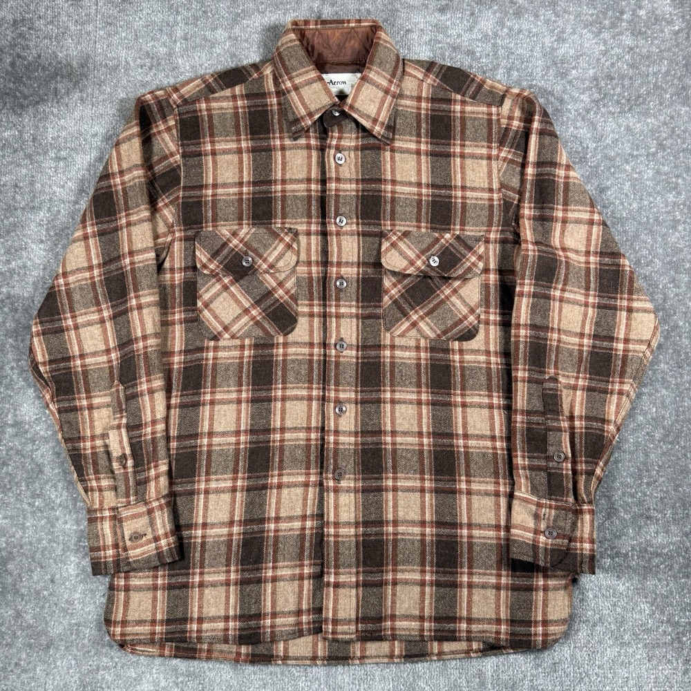 Vintage Arrow Work Shirt Men's Small Brown Plaid Wool Blend Flannel Button Up